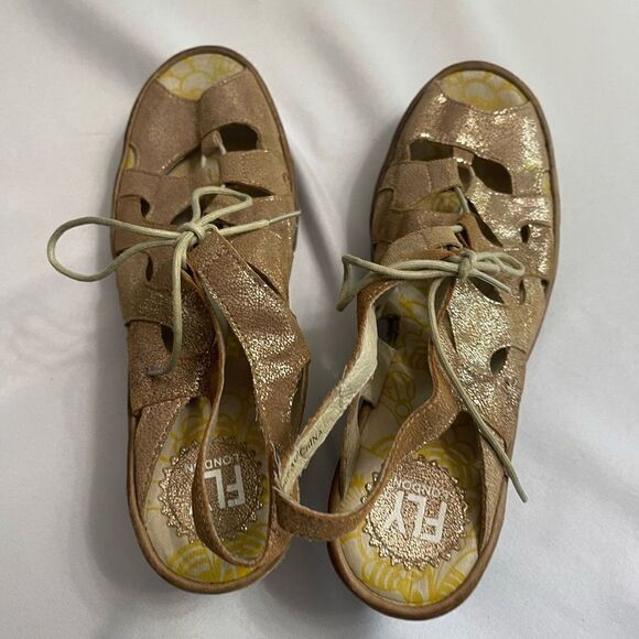 Fly London Womens Yexa916 Wedge Sandal Metallic Luna/Camel Size 40 - Picture 8 of 9